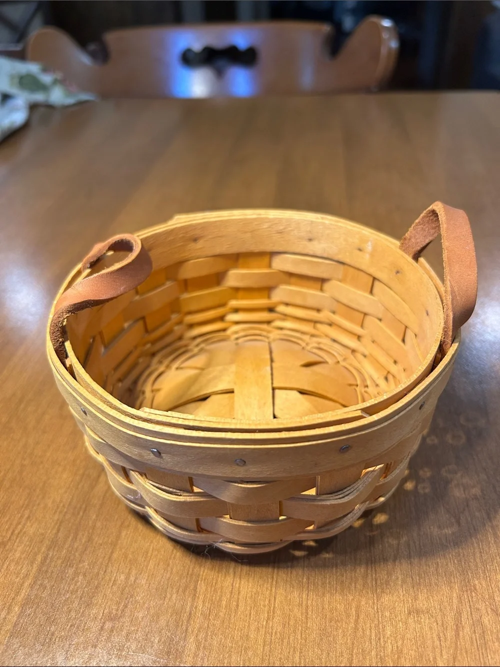 Longaberger Handwoven Natural Wood Accent Basket with Leather Handles